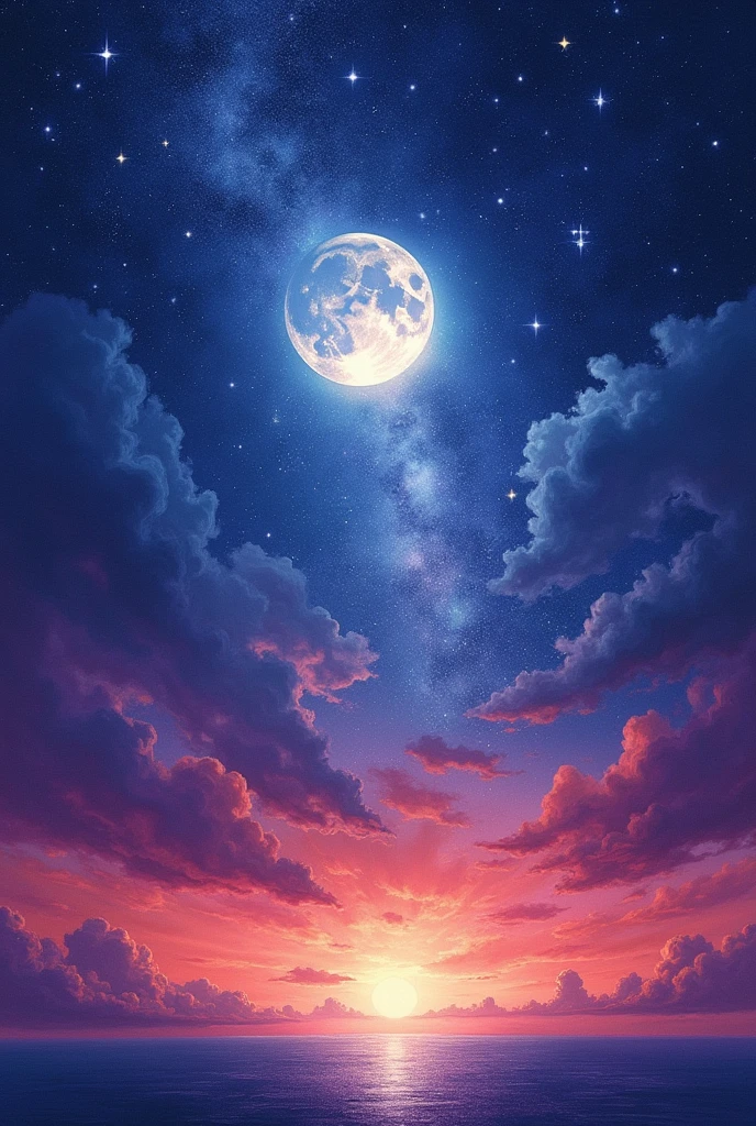 Create a realistic drawing of a starry sky with a white moon in the middle and the sky having a gradient of purple, blue and red 