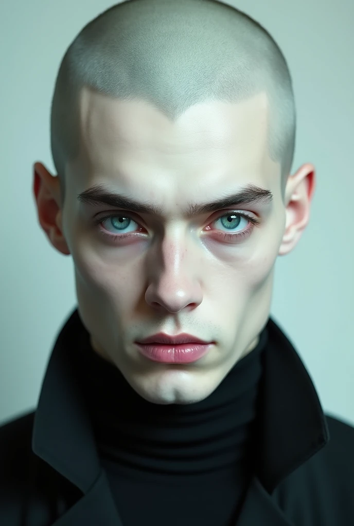 handsome guy, 25 years old, white, blue eyes, vampire appearance, bald, blue-green eyes, looking straight ahead, no shadow effect