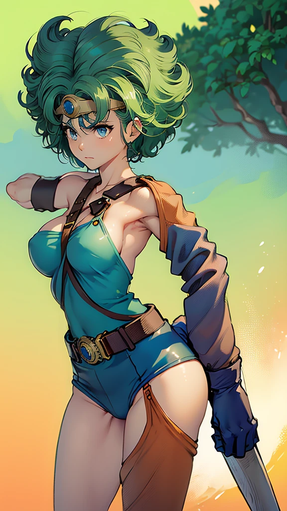 (((SFW、sound、Highest quality、Top notch work、Normal body、、Detailed face、Ultra-precision、normal hand、Refer、5refer、Highest)))、beautiful girl、Green Hair、yamato nadeshiko、Small breasts、Shortcuts、Blue leotard、muscular、Black paleo skirt、Red Cape、Circlet、Dragon Quest、Female Heroes、 Fight、Fight is ready、Sweep with a sword、Please put your hands together in front of you.、Place your hands behind your back、Please put your hands on your hips、cover your chest with your hands、((Executed perfectly:Frame yourself from head to toe,Standing posture,Draws in great detail、There is no anatomical problem)),Pool
