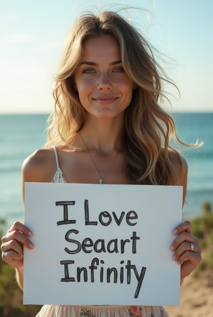 Beautiful girl with wavy long hair, bohemian dress, holding a white board with text "I Love Seaart Infinity" and showing it to the viewer