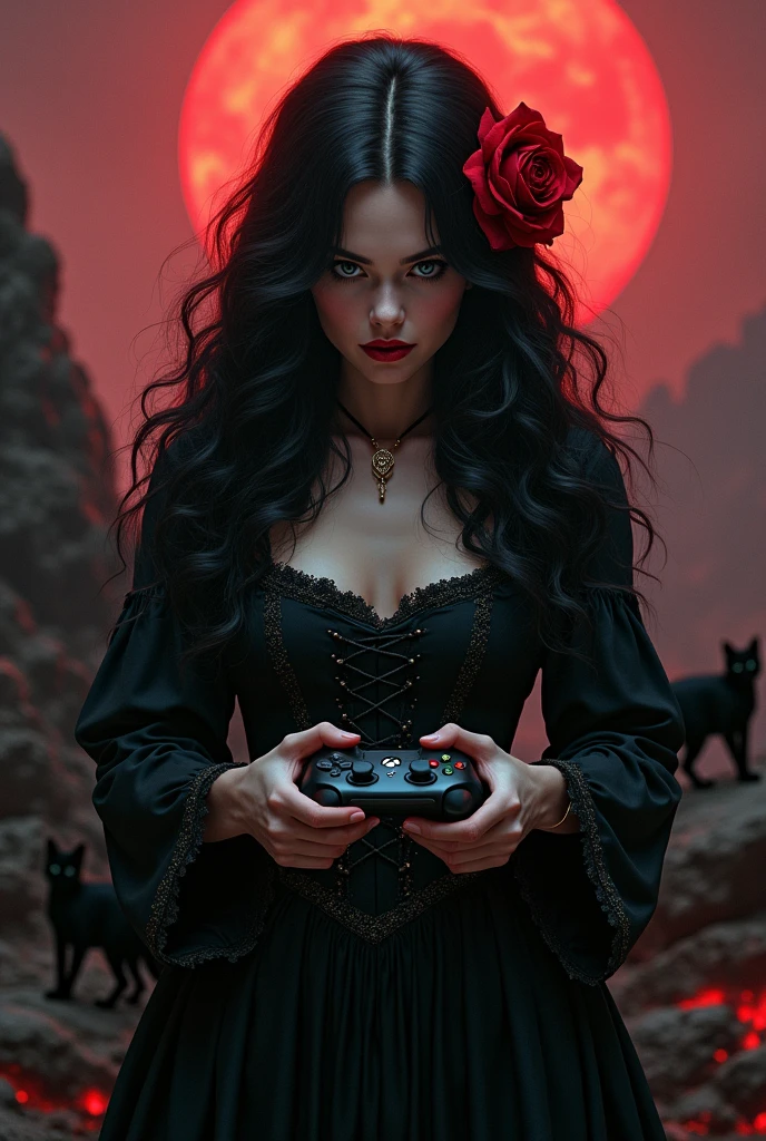 woman with wavy black hair, a Red Rose in hair, black medieval dress, with an XBox joystick in her hands playing in hell with Black cats