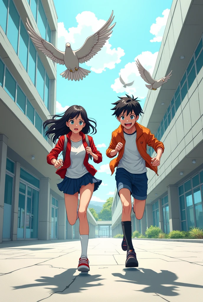 Make a sketch of two people running out of a modern school, and birds flying near them in anime style