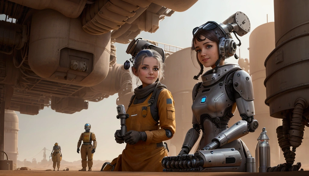 Industrial Robotic arm. The small woman smiles gratefully. They are working in a robotic factory. looking at camera. she is in front. She is dressed in desert clothing and next to her is a schnauzer dog