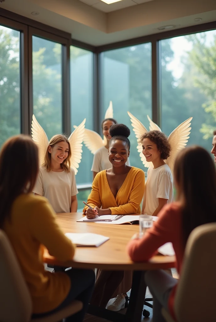 An African woman in a business meeting with seven happy angels