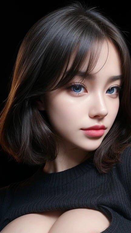 masterpiece, best quality, ultra-detailed, facing the camera head on, intricately detailed hyperdetailed, realistic, sharp features, highly detailed, sharp focus, perfect face, perfect face, perfect symmetrically perfect eyes, perfect full lips, flexible female form, cinematic, film light, hyper detailed, hyper realistic, masterpiece, atmospheric, high resolution, vibrant, dynamic studio lighting, nsfw, ((Dark background)), Sexy face, Facial expressions when receiving pleasure, open mouse, straight Bangs, Big breasts, Exposed cleavage, blue Eyes,black sweater,