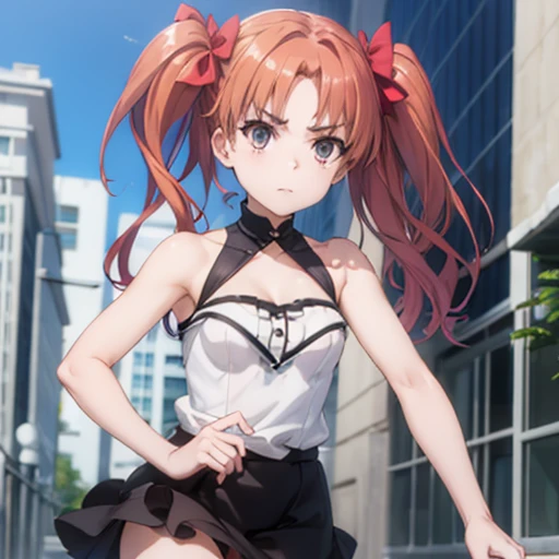 ((masterpiece,High resolution,Highest quality,8k)) Kuroko Shirai, BREAK, female, light brown hair in twin tails, amber eyes, BREAK, Small breasts, slender, bare collarbone BREAK: (white sleeveless summer dress), (bare arms), (bare shoulders), BREAK: posing haughtily, condescending look