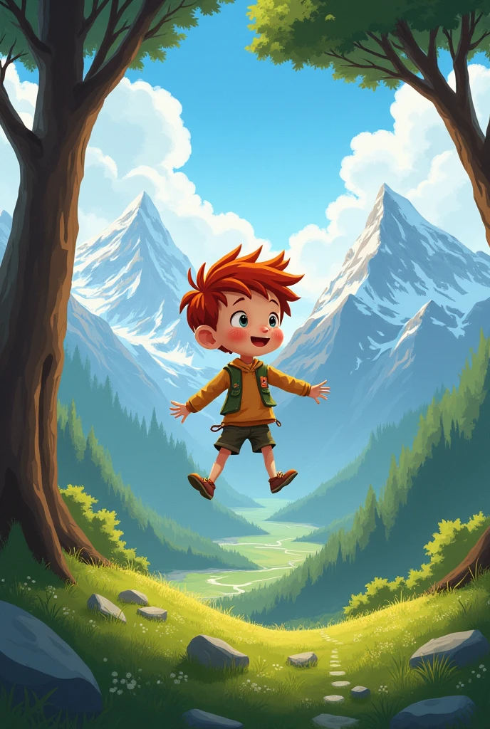 realistic cartoon, of a slight boy, with red hair, a high nose and a face full of freckles, levitating with the winds on his feet over a lush valley, with snow-covered mountains in the background and huge trees around