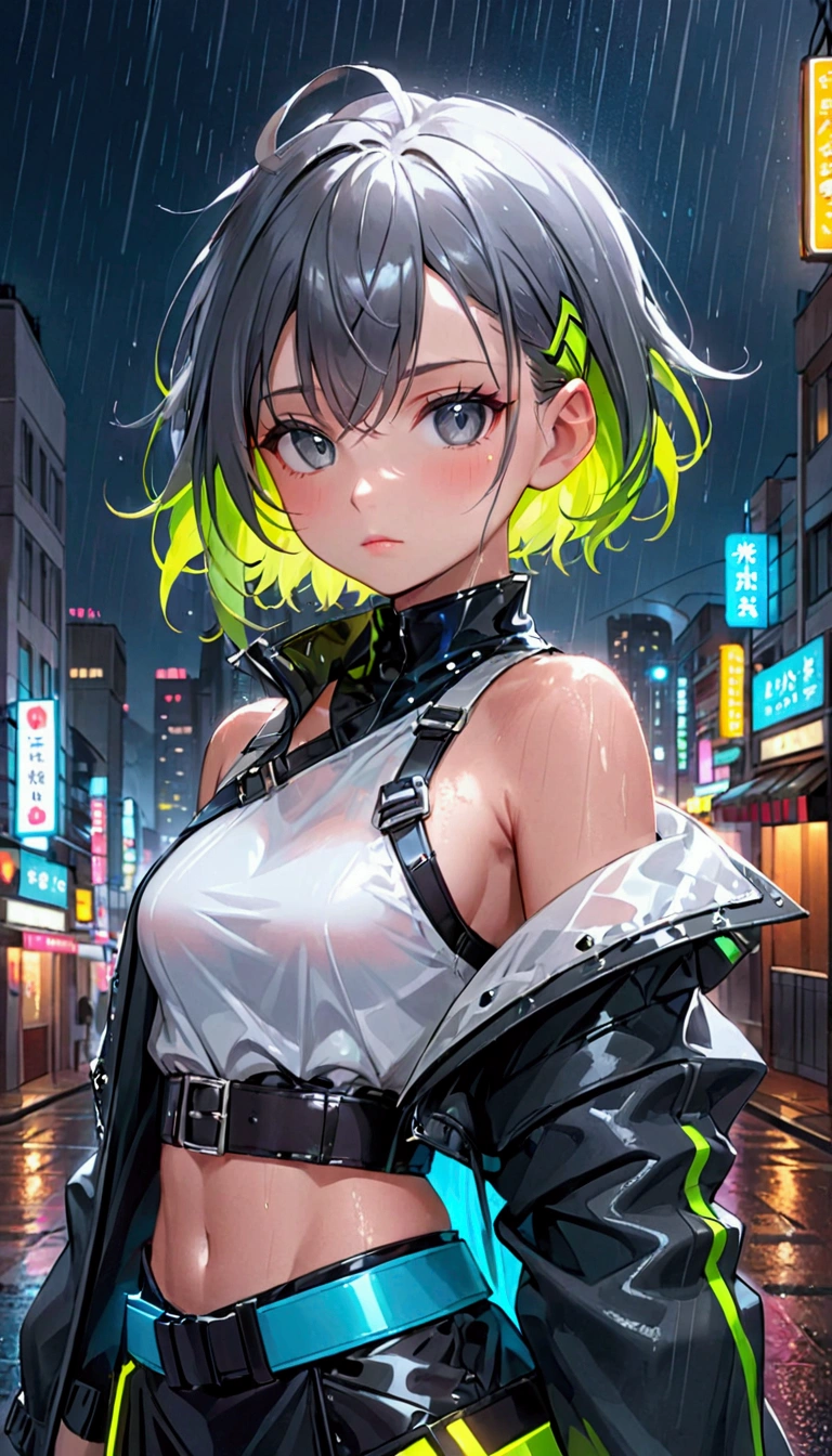 portraite, 1 girl, beautiful face, asymmetrical hair, multicolored hair, waist belt, May, covered mouth, covered navel, detached sleeves, grey-eyed, hip ventilation, open jacket, cute, Look to viewer, nighttime city, neon, rainny,