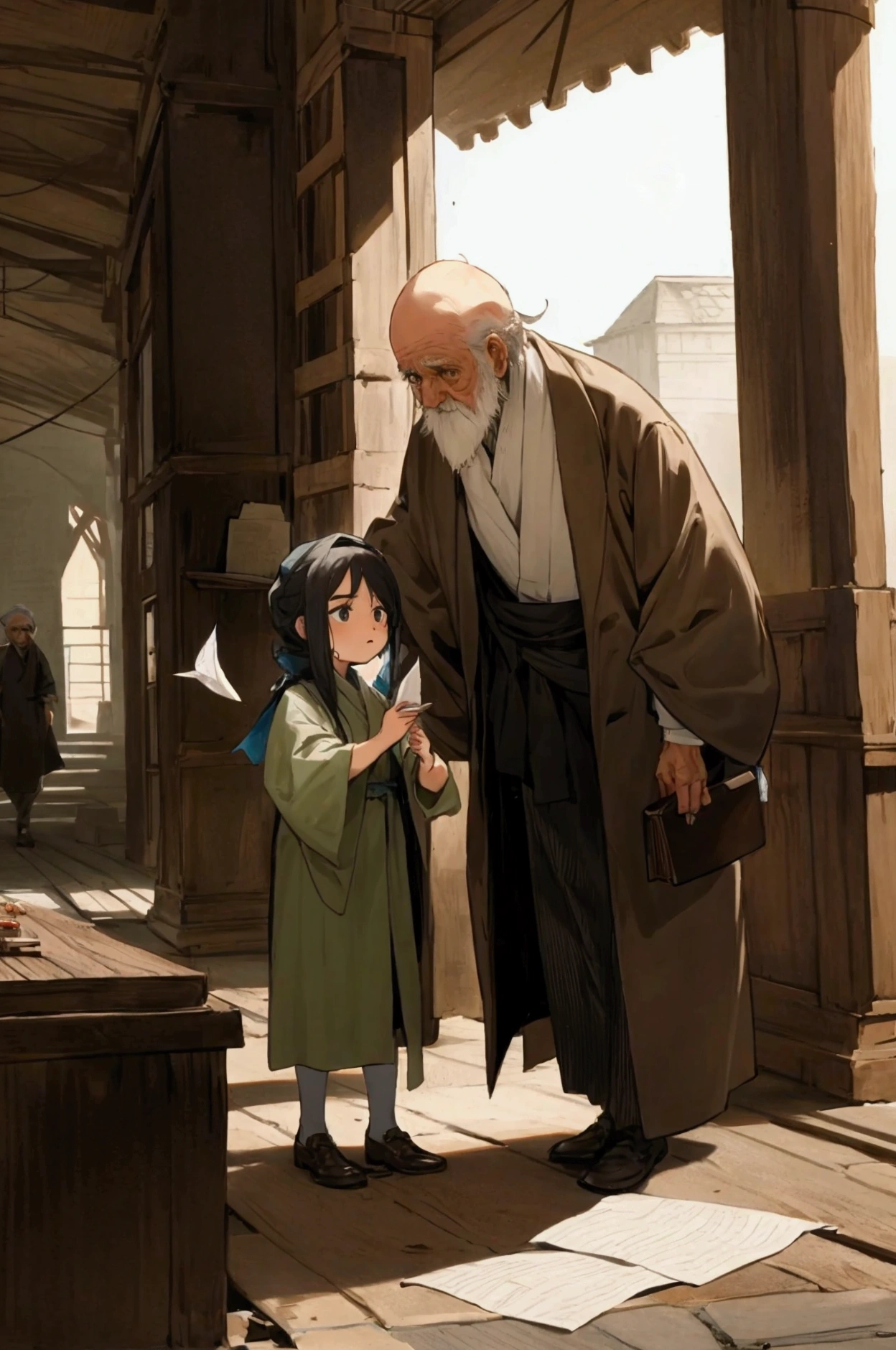 SCENE 2: THE MEETING WITH OLD PI
Prompt:
Construct a scene in which Haya, a curious child, comes across old Pi. Describe the old man's appearance and the paper he is holding. Show the exchange of glances between Haya and Pi, with a focus on the emotions that arise in this brief encounter, and include Haya's questions about what the words mean.