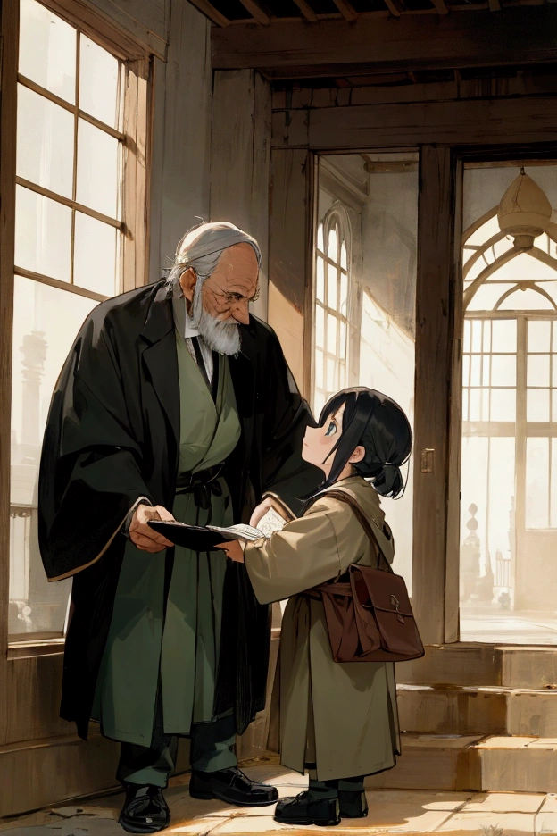 SCENE 2: THE MEETING WITH OLD PI
Prompt:
Construct a scene in which Haya, a curious child, comes across old Pi. Describe the old man's appearance and the paper he is holding. Show the exchange of glances between Haya and Pi, with a focus on the emotions that arise in this brief encounter, and include Haya's questions about what the words mean.