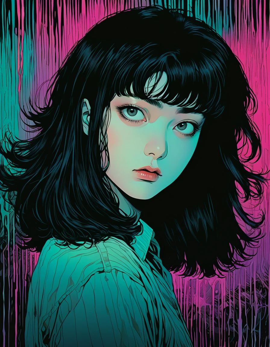 black haired man, illust、art、from 80s horror movie, directed by Junji Ito、anxiety、high detail, realsitic shadow、Analog style, chromatic aberration,Complementary color gradient、Surrealism