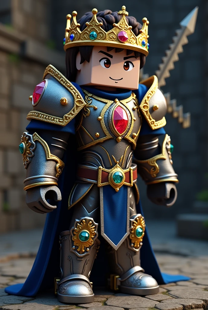 Make a Minecraft skin Shiny Golden Crown with colorful gemstones, symbolizing royalty. The outfit is a silver metallic armor with navy blue details.. Sturdy shoulder pads and greaves add grandeur, while the chest has a sleek design. in back, a long, thin sword in a decorated scabbard. The sword has an ornate hilt to match the armor.. A dark leather belt with silver buckles completes the look., giving depth and style to the character