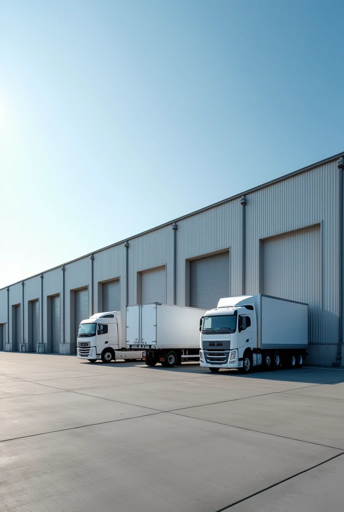 4 warehouse doors, 4 trucks, The roof is largely covered with a single tent roof.. Show me the outside view of the warehouse from a distance. The truck is parked right in front of the warehouse., There is one more warehouse on the other side..  The loading dock is located on the side.