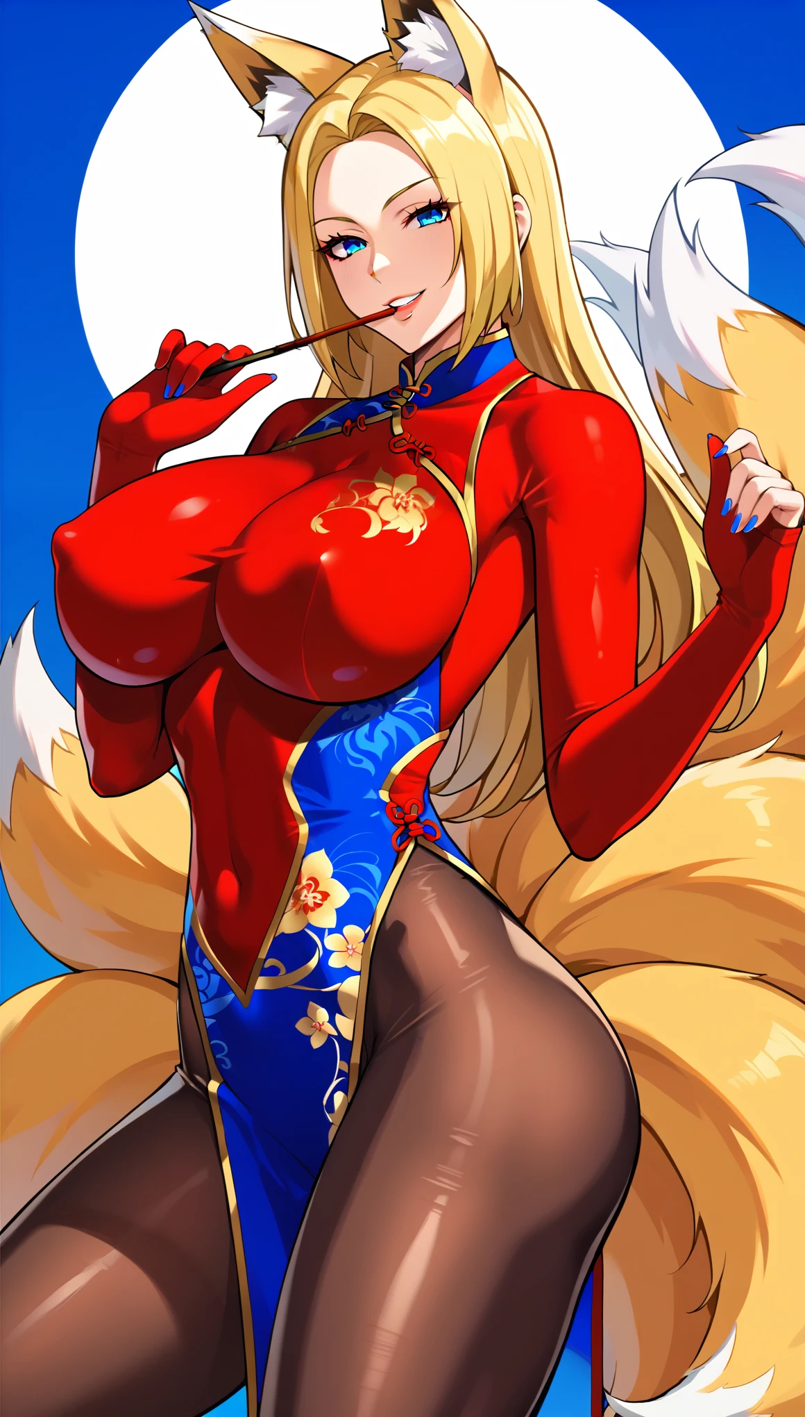 masterpiece, score_9_up, score_8_up, score_7_up, source_anime, best quality, extremely detailed, 1girl, milf, solo, BlueMary (huge breasts), ((((blonde hair), long hair, blue eyes, fox ears, yellow fox tail, six tails))), parted lips, (((bodystocking, china dress, pelvic curtain))), ((seductive smile), closeds mouth), ((school))
