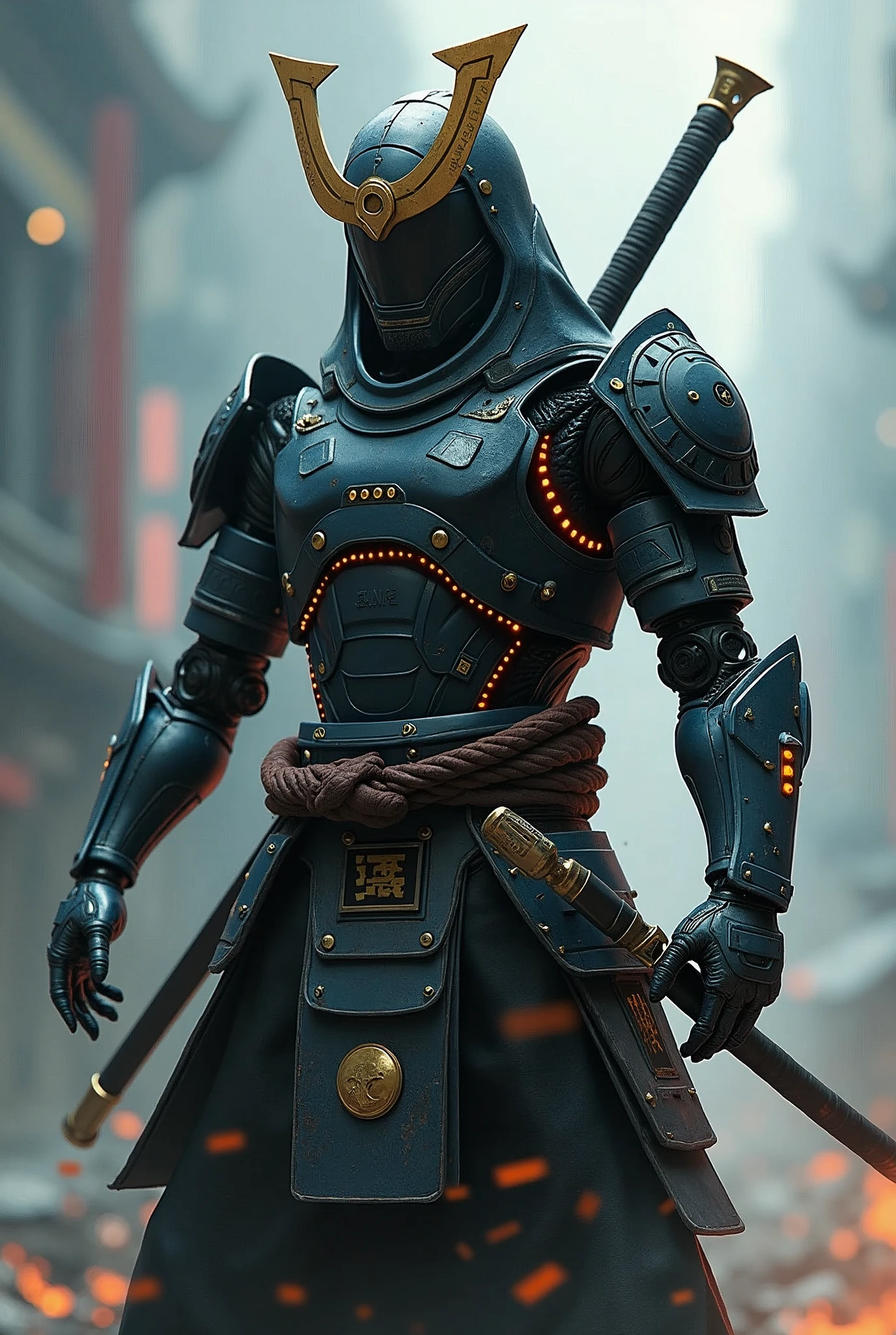 Video game player in robotic samurai style, in an abstract and cybernetic setting, fighting for his life, mysterious and mystical with an epic aura