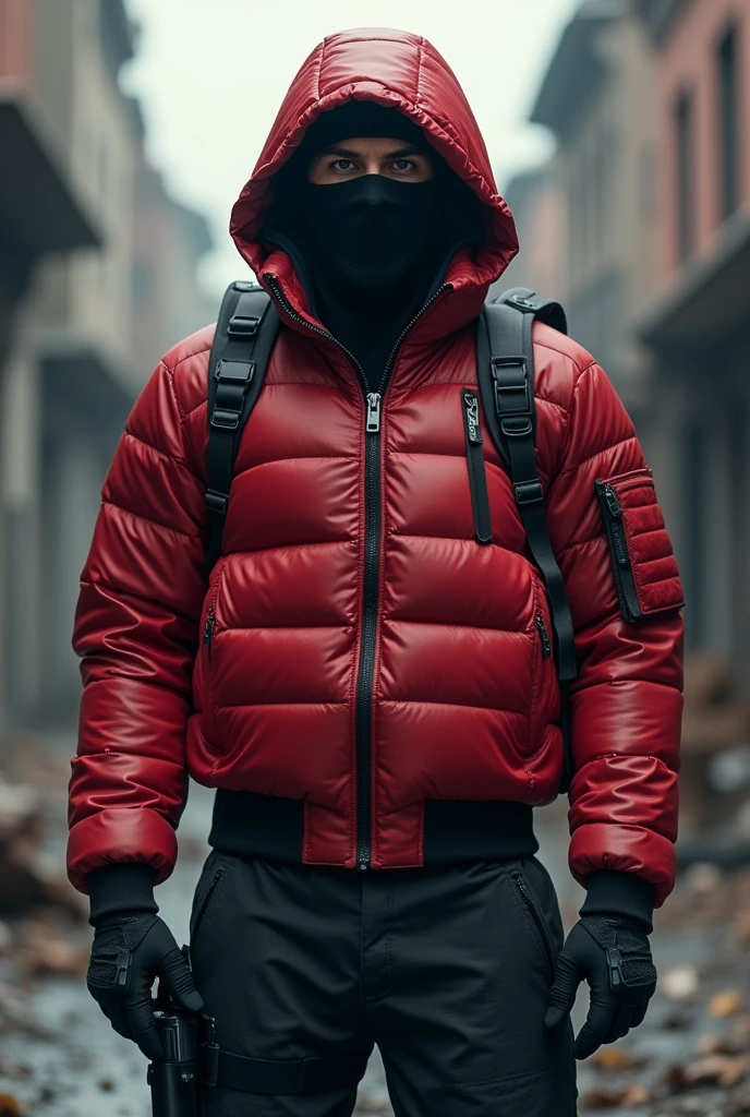 realistic 4k HD military soldier with a red puffer black pants black hood and a black ski mask