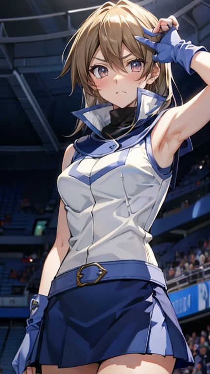 cowboy shot, Tenjoin Asuka,{{during a card fight}},high resolution,Ultra-realistic,8K,masterpiece, best quality, highres,1girl, solo, ta1, white jacket, sleeveless, blue skirt, fingerless gloves, makurada junko, turtleneck, white vest, sleeveless, high collar, belt, blue miniskirt,,{{Grit your teeth:1.4}},,{{v-shaped eyebrows}},Bad mood,blush,Sweat,raise one's eyebrows,{{fighting stance:1.6}},Inside the stadium