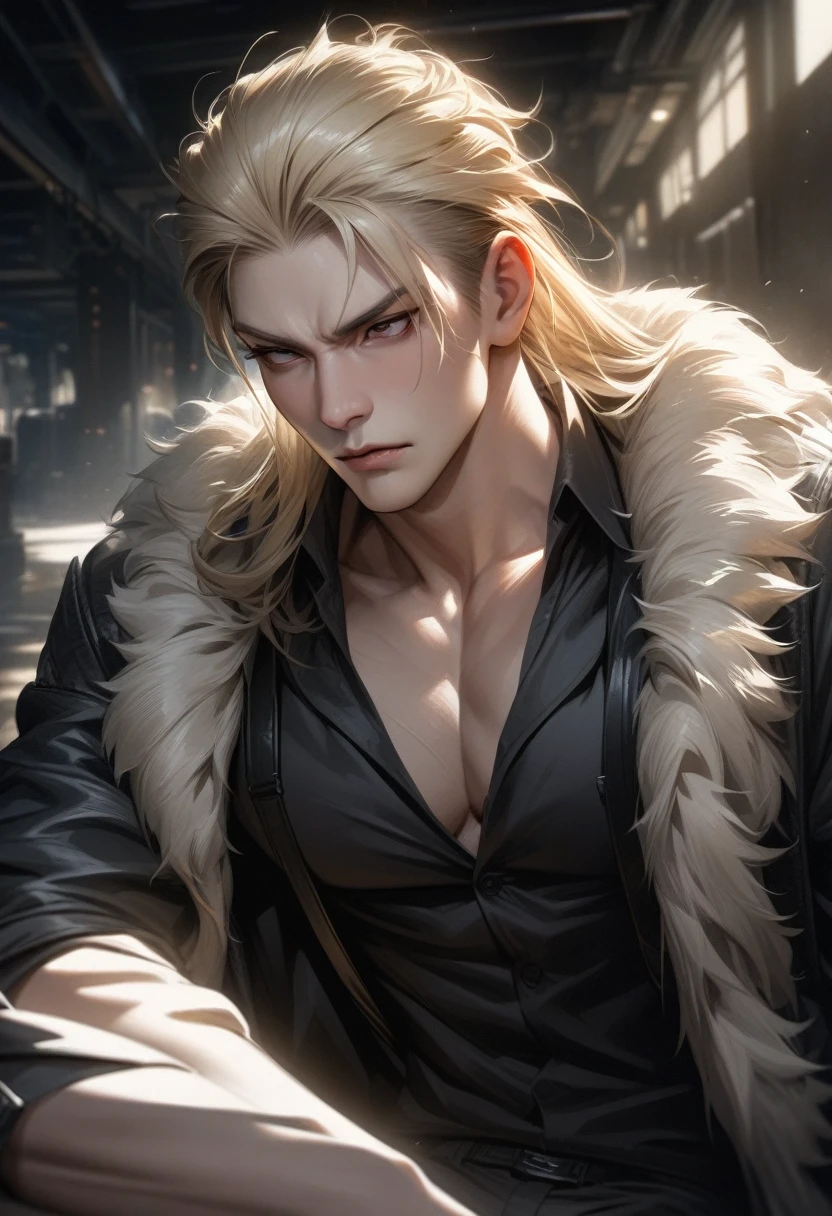 masterpiece, best quality, Super detailed, High Definition, HdR, realistic, depth, fine texture, super fine, Complete concentration, Pale man with blond hair and a mullet cut, looking over his shoulder, posing on the back, wearing a black jacket, formal black bag, wearing a fluffy black coat, fur coat. MALE MAN, attractive and athletic man. short platinum blonde hair, almost white, very pale skin, serious face.
