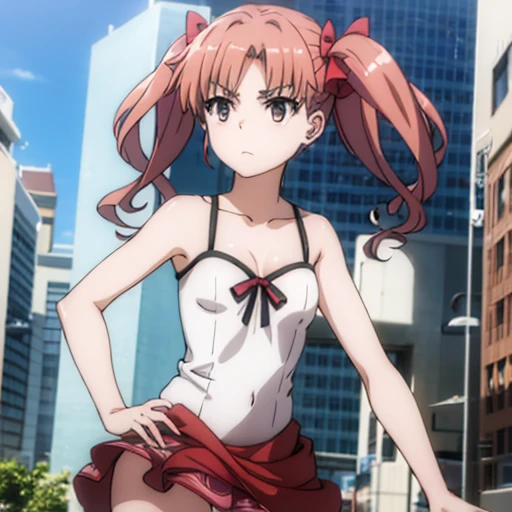 ((masterpiece,High resolution,Highest quality,8k)) Kuroko Shirai, BREAK, female, light brown hair in twin tails, amber eyes, BREAK, Small breasts, slender, bare collarbone BREAK: (white sleeveless summer dress), (bare arms), (bare shoulders), BREAK: posing haughtily, condescending look