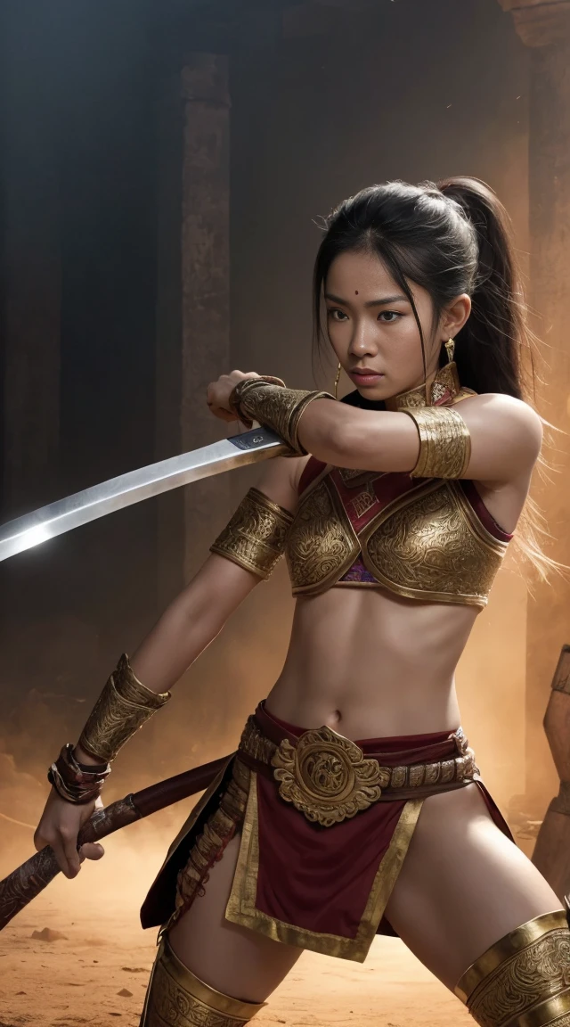 Create a photo of an ancient Thai female warrior around 30 years old, with beautiful and intense facial features, holding a traditional Thai sword. She is engaged in fierce combat on an ancient Thai battlefield, surrounded by many warriors fighting and many injured or fallen. The scene is strong and intense, capturing the power and ferocity of the warrior
