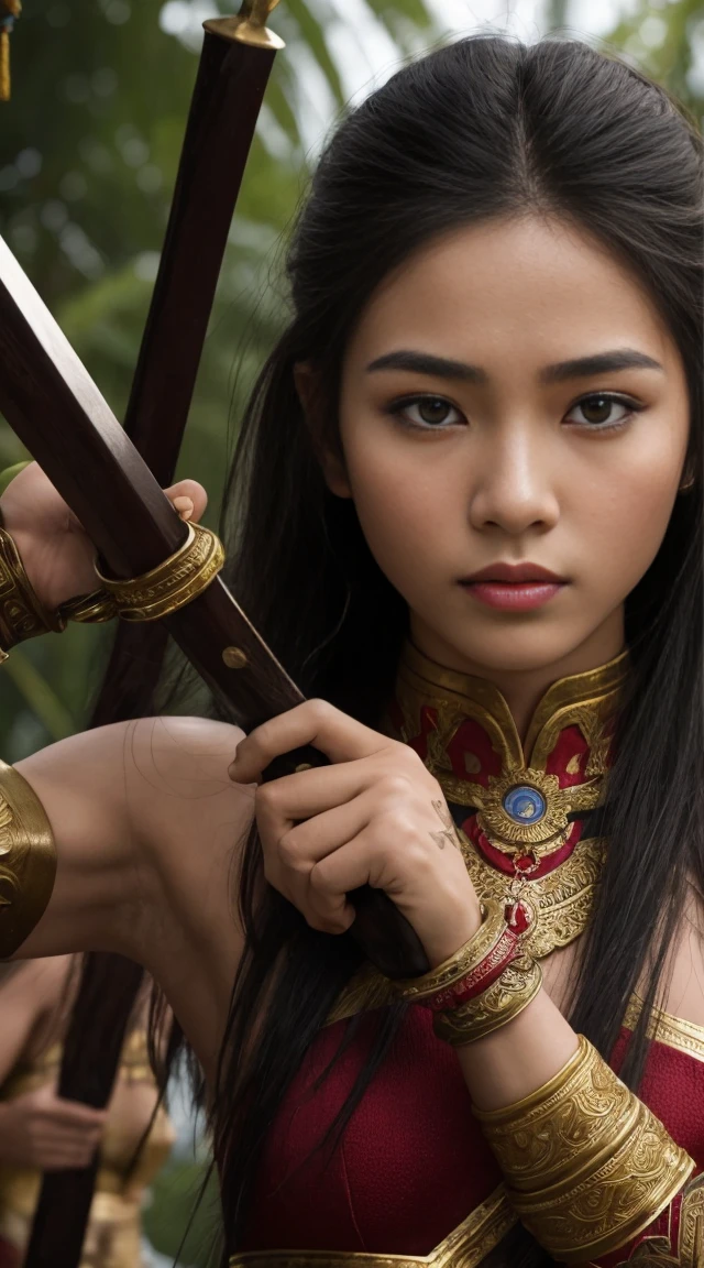 Create a photo of an ancient Thai female warrior around 30 years old, with beautiful and intense facial features, holding a traditional Thai sword. She is engaged in fierce combat on an ancient Thai battlefield, surrounded by many warriors fighting and many injured or fallen. The scene is strong and intense, capturing the power and ferocity of the warrior