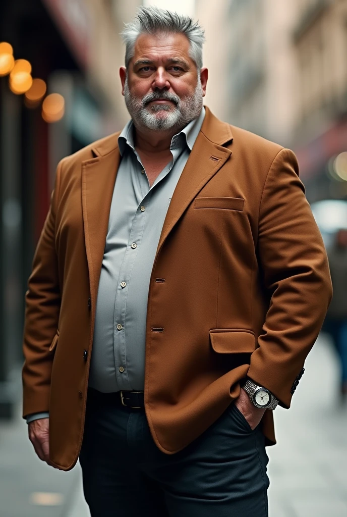 Modern man gray hair 50 years overweight modern clothing, tight pants and cinnamon sample, expensive watch, cool spiky hair, 