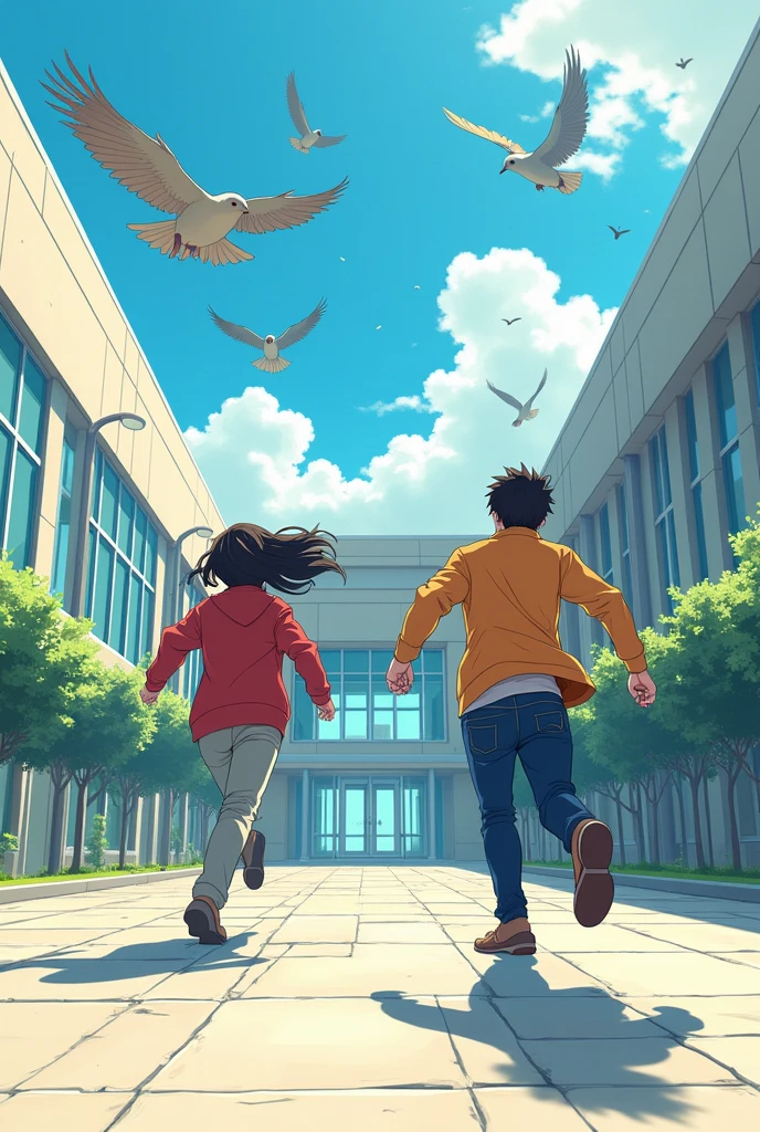 Make a sketch of two people running to the left as they leave the modern school, and birds flying near them in anime style