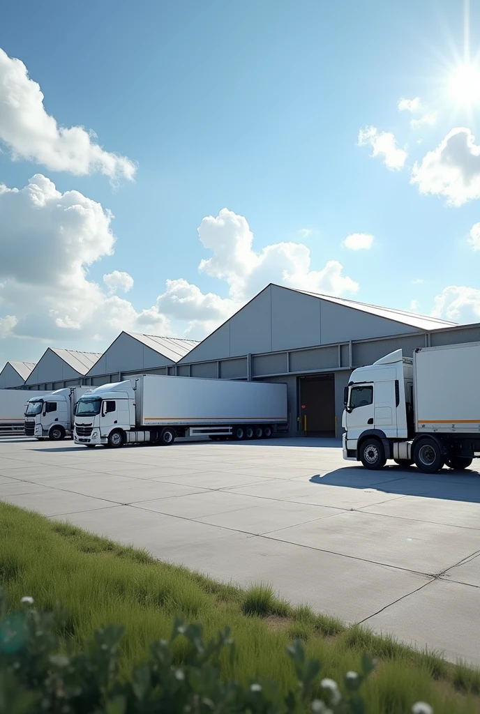 4 trucks, The roof is largely covered with a single tent roof.. Show me the outside view of the warehouse from a distance. The truck is parked right in front of the warehouse., There is one more warehouse on the other side.. The loading dock is located on the side. There are four loading docks.