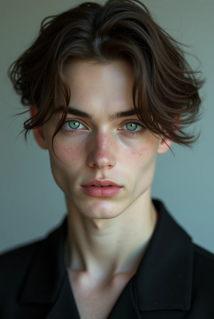 beautiful boy, perfect, 20 years old, white, blue eyes, vampire appearance, medium brown hair, no hair on the forehead, blue-green eyes, looking straight ahead, no shadow effect