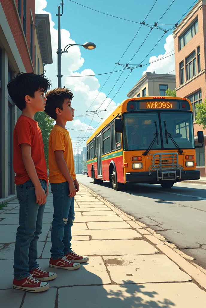 Boys watching a bus pass by 