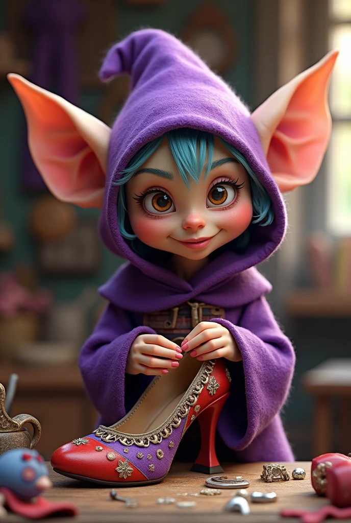 Adorable goblin with purple clothes making a heeled shoe