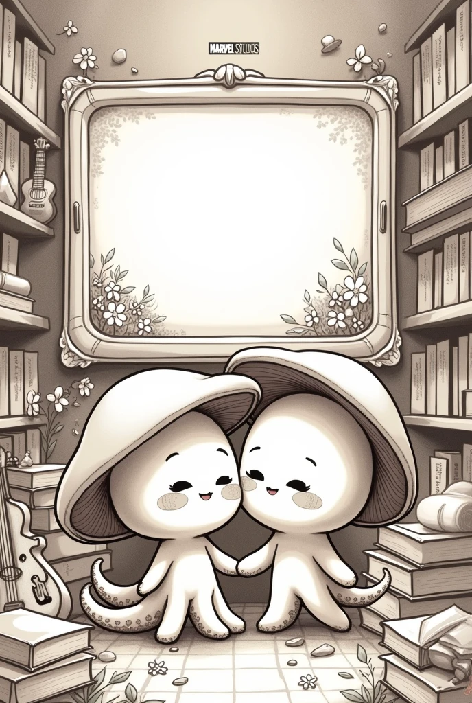 A colorless cawai-type drawing where the characters are a mushroom and an octopus in love, surrounded by books, musical instruments, Brushes,  flores, and they both see a movie screen with a marvel studios movie