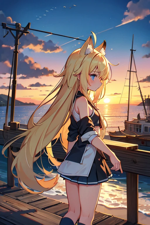 Animal ears,Ahoge,Bushy tail,solo, One girl, Long Hair,Blonde, blue eyes,Handsome,Gazing at the Horizon,profile,Small breasts,Miniskirt,Fishing port,Stranded and weathered ship,cumulonimbus,A fleet of fishing boats visible in the distance,A melancholy port,Sad atmosphere,Fleeting atmosphere,sunset,sunset