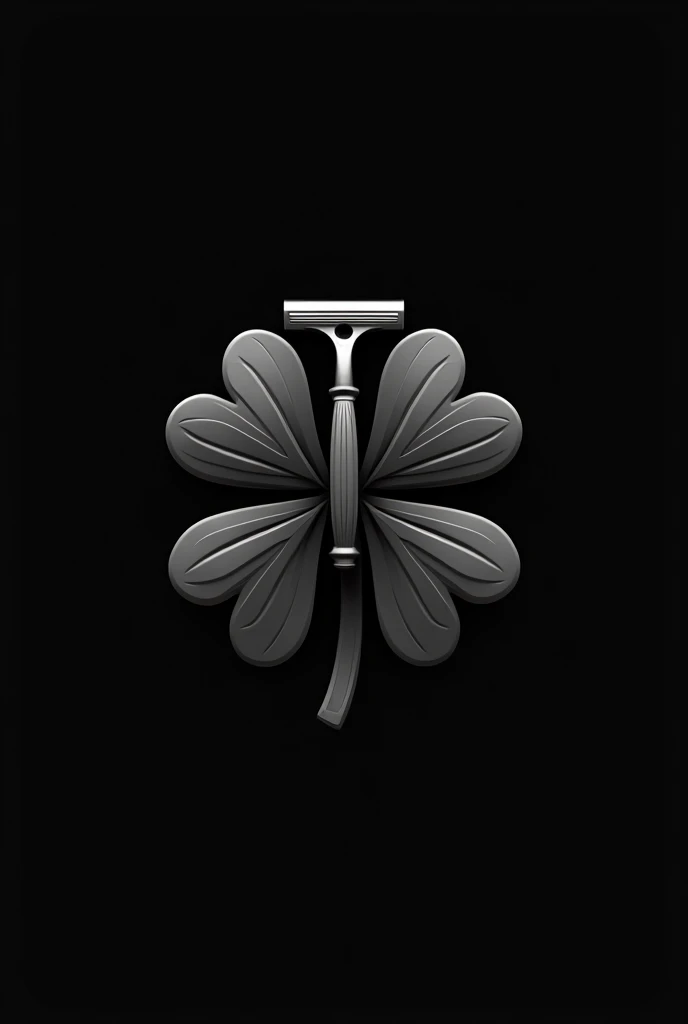 Generate a logo for a barbershop in grey and black tones with the elements of a four-leaf clover and a razor holder 