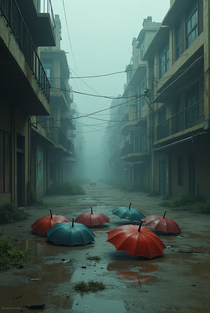 book cover with abandoned umbrellas