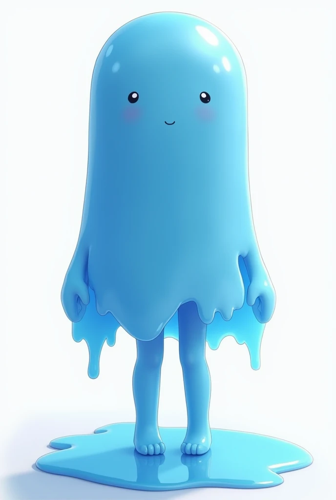 Blue anime slime girl who’s completely made of transparent blue slime. Her legs are melted up to her thighs, which seem to be standing on a puddle of her slime. She is adorably cute