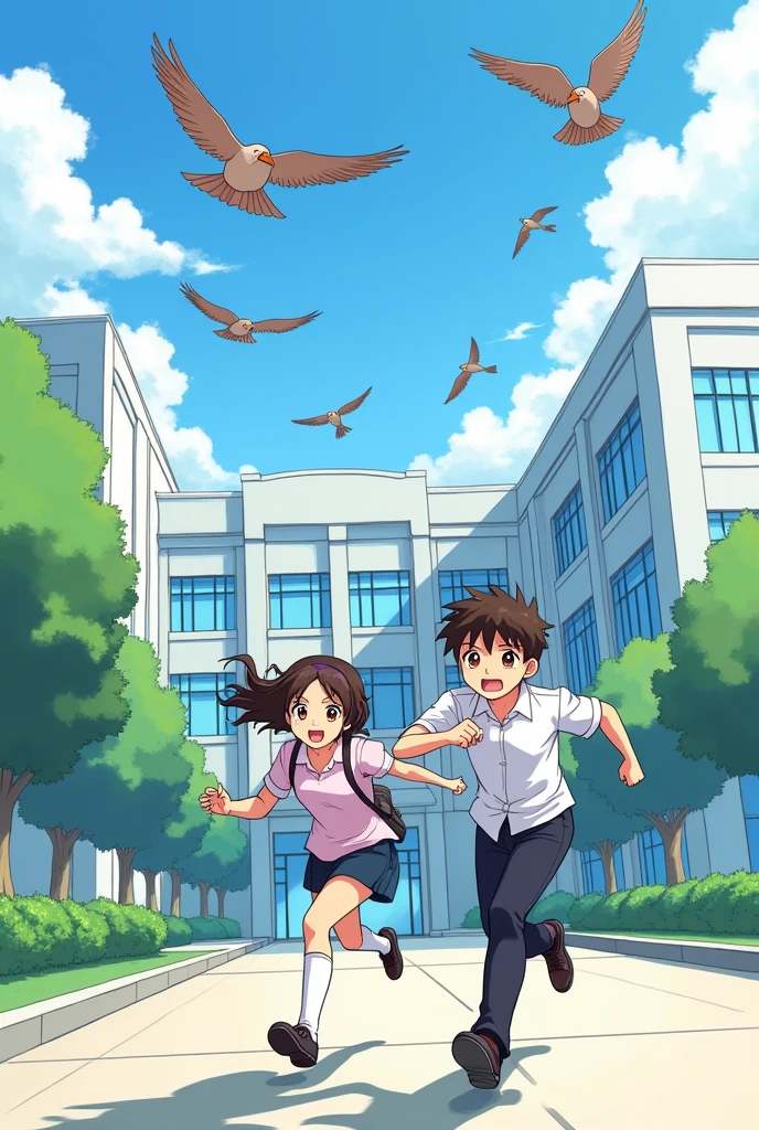 Make a sketch of two people running to the left as they leave the modern school, and birds flying near them in anime style