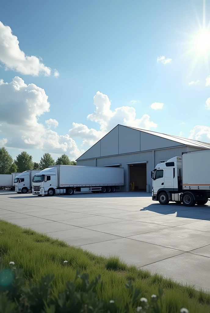 4 trucks, The roof is largely covered with a single tent roof.. Show me the outside view of the warehouse from a distance. The truck is parked right in front of the warehouse., There is one more warehouse on the other side.. The loading dock is located on the side. There are four loading docks. The roof is large