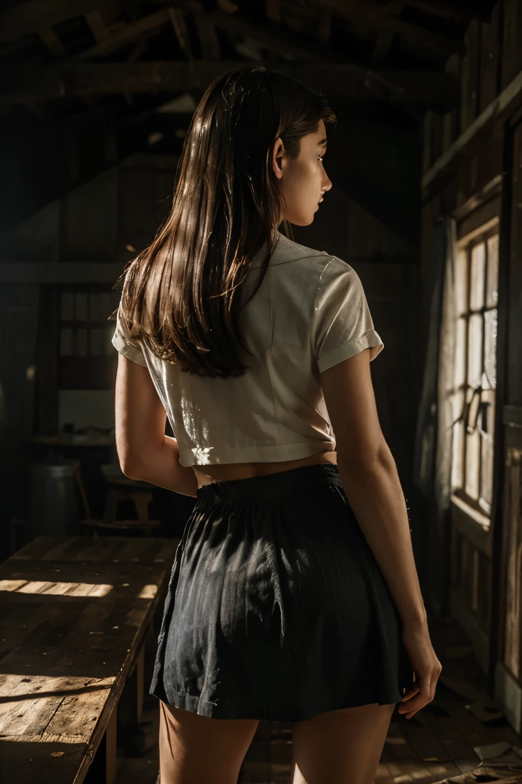 innocent lady, short skirt, standing, hold torn shirt, next to table, behind her back, from behind, dynamic lighting, dramatic moody lighting, cinematic lighting, abandoned barn, impressionist, dark color palette, muted colors, atmospheric, photorealistic, hyper detailed, masterpiece, best quality, 4k, 8k, highres, ultra-detailed, realistic, photo-realistic,