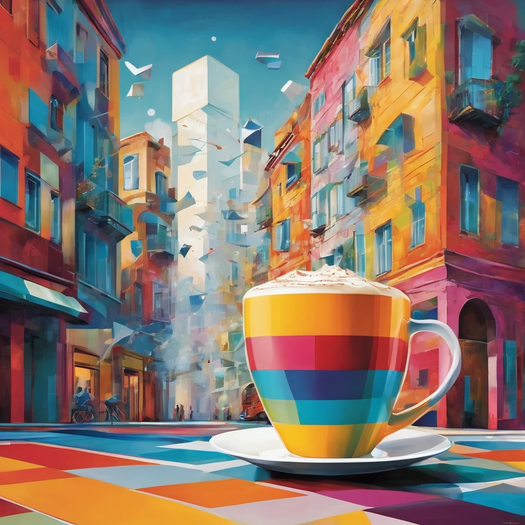 "Visualize an interpretation of a latte macchiato. Break down the shape of the latte macchiato into geometric shapes and fragmented planes, To capture its movement and energy in a unique and abstract way. Incorporate bold colors and sharp angles, to convey a feeling of movement and tension. Play with perspective and layering, to create a multidimensional composition, which questions traditional notions of space and form. Be inspired by the avant-garde spirit of surreal realism and see nature in a fresh and innovative light.. Unleash your creativity, as you bring this imaginative scene to life on the screen