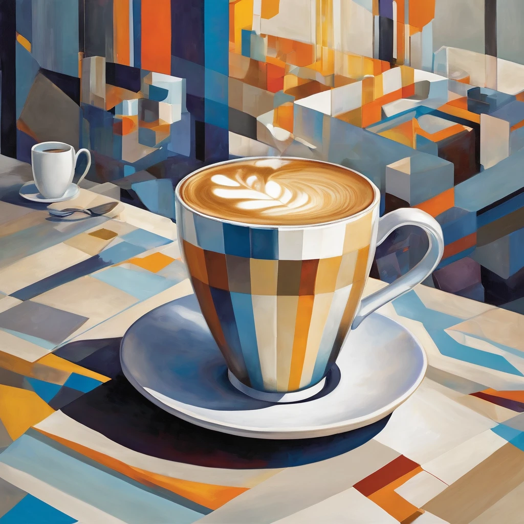 "Visualize an interpretation of a latte macchiato. Break down the shape of the latte macchiato into geometric shapes and fragmented planes, To capture its movement and energy in a unique and abstract way. Incorporate bold colors and sharp angles, to convey a feeling of movement and tension. Play with perspective and layering, to create a multidimensional composition, which questions traditional notions of space and form. Be inspired by the avant-garde spirit of surreal realism and see nature in a fresh and innovative light.. Unleash your creativity, as you bring this imaginative scene to life on the screen