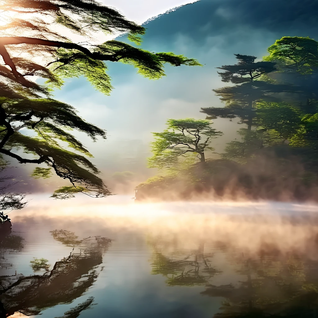 Otherworldly morning, Mysterious, calm feeling, good morning, ancient Japan, appearing from the darkness, I wish for world peace.((best quality, 8K, masterpiece: 1.3))