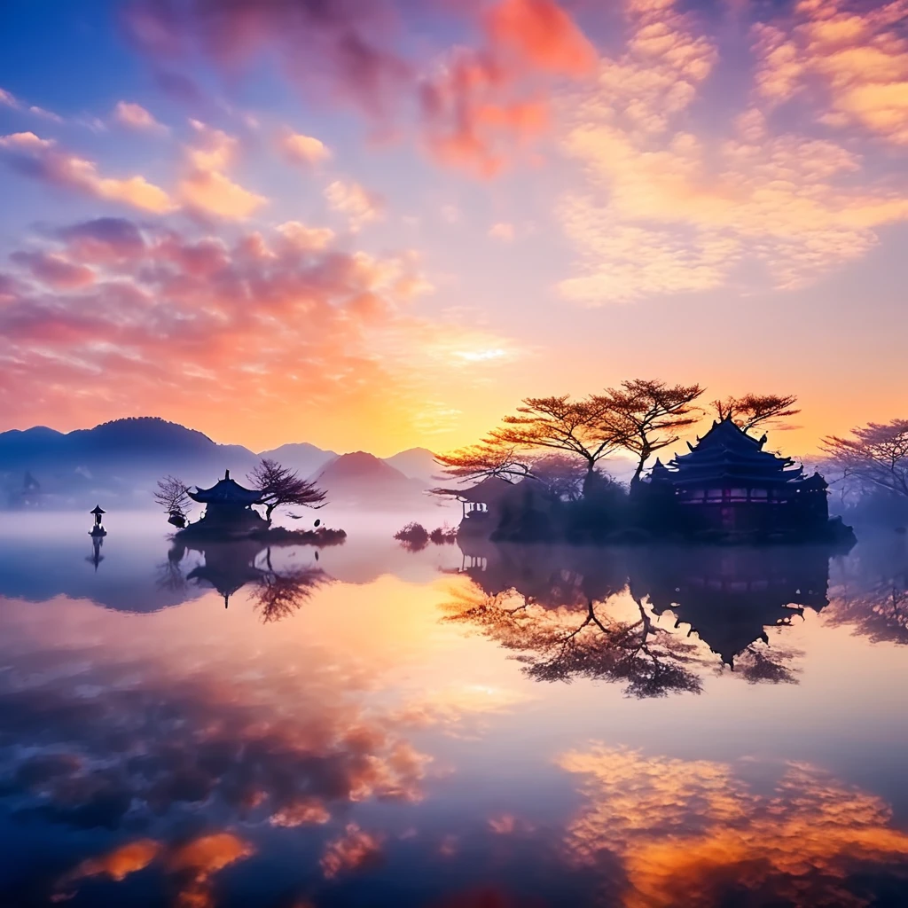 Otherworldly morning, Mysterious, calm feeling, good morning, ancient Japan, appearing from the darkness, I wish for world peace.((best quality, 8K, masterpiece: 1.3))
