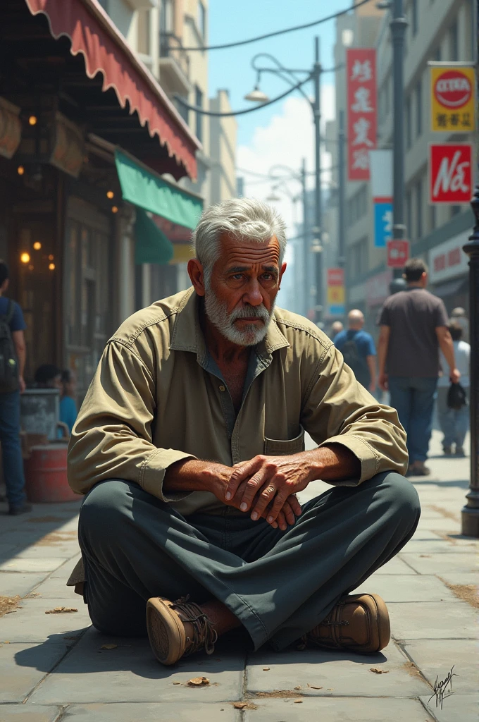 Man sitting on the sidewalk, head down and thoughtful