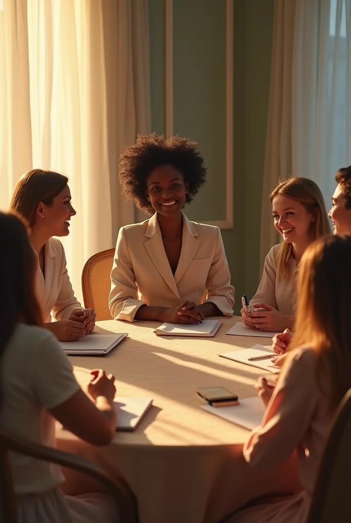Give me a picture of 8 beings. An African female human in a business meeting with seven happy angels