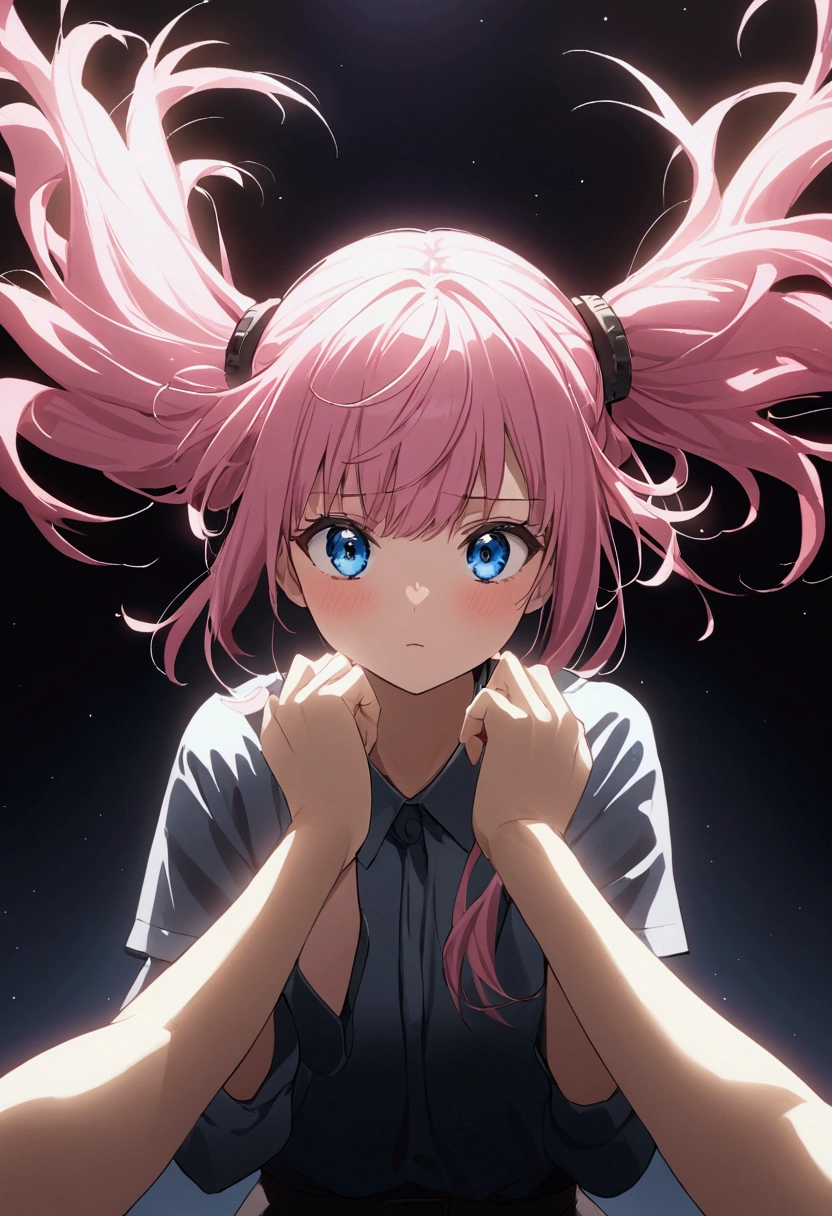 hair、Scratch with both hands、Crunchy、Girl with pink hair、blue eyes、Twin Drill、A scene from a movie