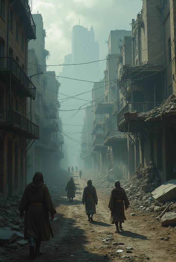 create a dystopian world, collapsed, where people are angry, sick men, the coin is worthless, the most valuable things are water and food, the spoken language is Esperanto, medical practices performed in rituals