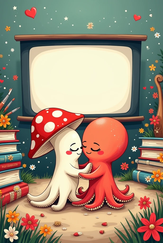 A colorless cartoon-like drawing where the characters are a mushroom and an octopus in love, surrounded by books, musical instruments, Brushes, flores, and they both see a movie screen with a marvel studios movie