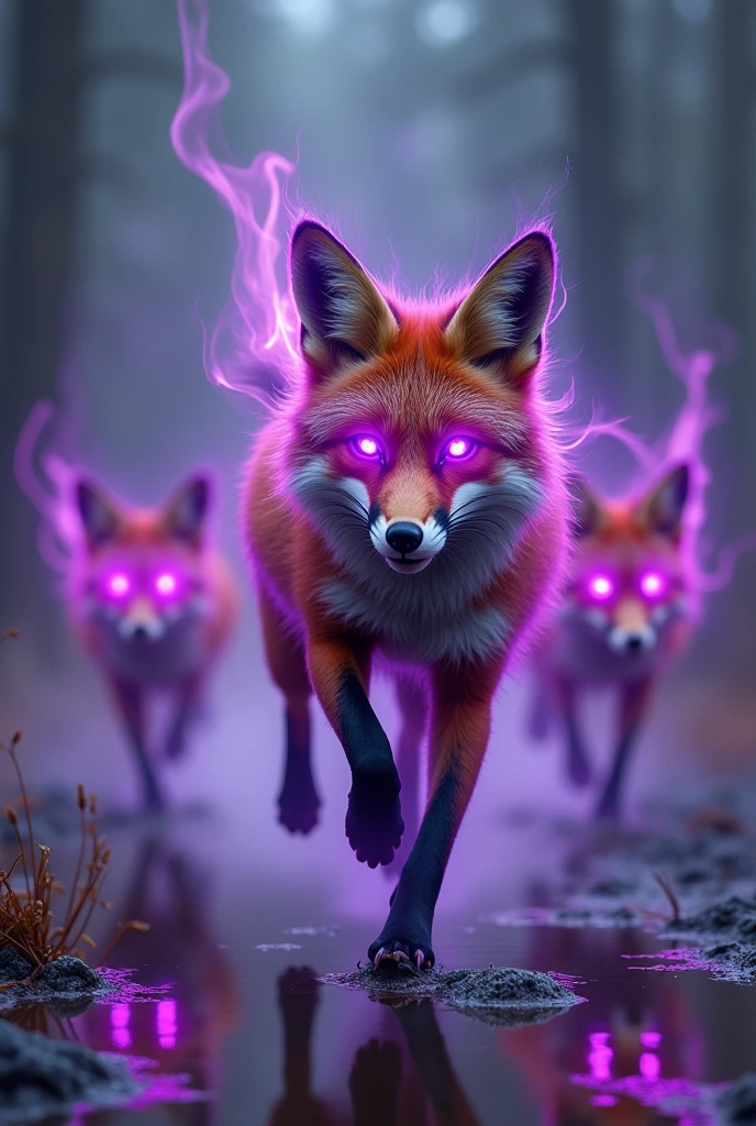 Three big foxes are running with purple fire and purple fire eyes burning on their bodies. There is a reflection in the mirror.