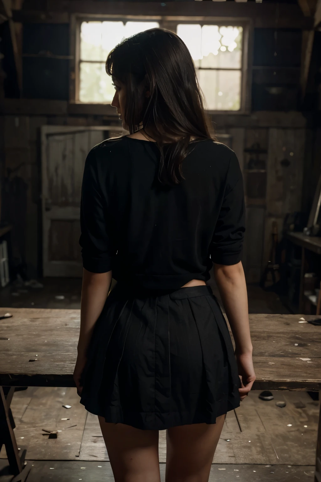 innocent lady holding hand cuffs, short skirt, standing, next to table, behind her back, from behind, dynamic lighting, dramatic moody lighting, cinematic lighting, abandoned barn, impressionist, dark color palette, muted colors, atmospheric, photorealistic, hyper detailed, masterpiece, best quality, 4k, 8k, highres, ultra-detailed, realistic, photo-realistic,